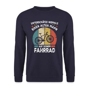 Alter Mann - Fahrrad -Retro Style - Unisex Pullover - Navy - Vorne - Alina (178cm) & Michal (187cm)