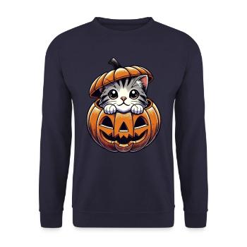 Katze, Halloween, Kürbis - Unisex Pullover - Navy - Vorne - Alina (178cm) & Michal (187cm)