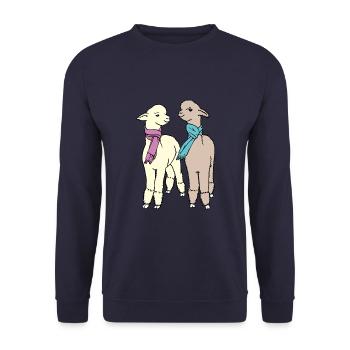 2 Alpakas mit Schal - Unisex Pullover - Navy - Vorne - Alina (178cm) & Michal (187cm)