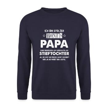 Stolzer Bonuspapa Stiefvater Stieftochter Geschenk - Unisex Pullover - Navy - Vorne - Alina (178cm) & Michal (187cm)