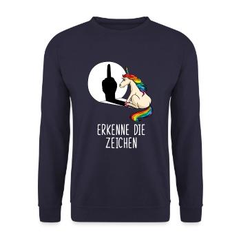Erkenne die Zeichen Einhorn Mittelfinger Schatten - Unisex Pullover - Navy - Vorne - Alina (178cm) & Michal (187cm)