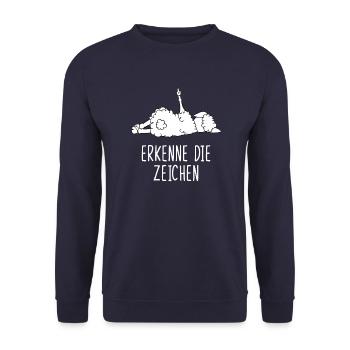 Erkenne die Zeichen Schaf Mittelfinger - Unisex Pullover - Navy - Vorne - Alina (178cm) & Michal (187cm)