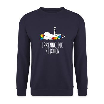Erkenne die Zeichen Einhorn Mittelfinger - Unisex Pullover - Navy - Vorne - Alina (178cm) & Michal (187cm)