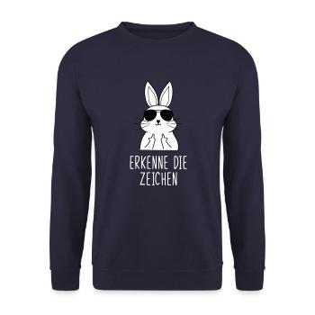 Erkenne die Zeichen Kaninchen Hasen Mittelfinger - Unisex Pullover - Navy - Vorne - Alina (178cm) & Michal (187cm)