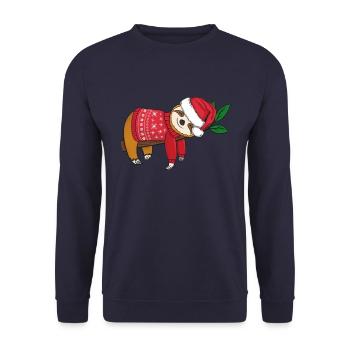 Faultier mit Weihnachtssweater Frohe Weihnachten - Unisex Pullover - Navy - Vorne - Alina (178cm) & Michal (187cm)