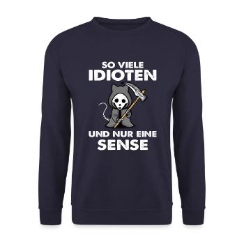 Katze So viele Idioten und nur eine Sense - Unisex Pullover - Navy - Vorne - Alina (178cm) & Michal (187cm)