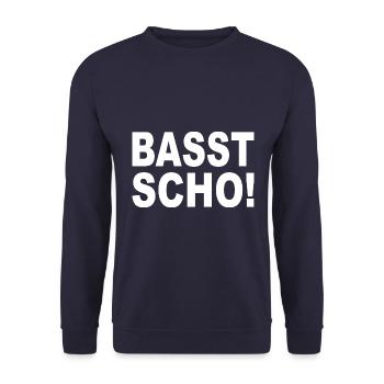 BASST SCHO - Bayrisch Mundart - Unisex Pullover - Navy - Vorne - Alina (178cm) & Michal (187cm)