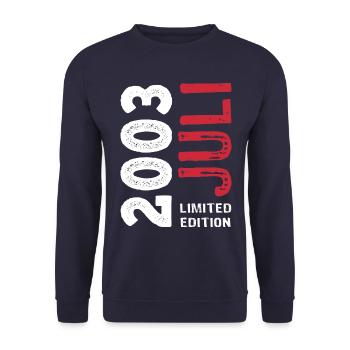 Limited Edition Juli 2003 - Geburtstag - Geschenk - Unisex Pullover - Navy - Vorne - Alina (178cm) & Michal (187cm)