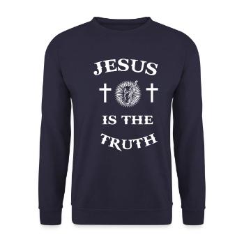 Jesus Christus Messias Erlöser Kreuz Spruch - Unisex Pullover - Navy - Vorne - Alina (178cm) & Michal (187cm)