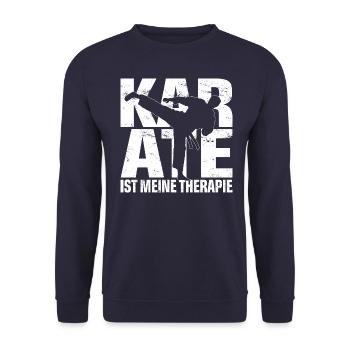 KARATE IST MEINE THERAPIE – Mann macht Karatekick - Unisex Pullover - Navy - Vorne - Alina (178cm) & Michal (187cm)