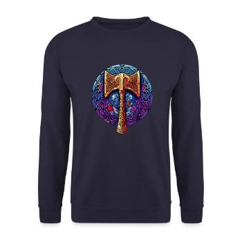 Goldene Wikinger-Axt im modernen Design mit Runen - Unisex Pullover - Navy - Vorne - Alina (178cm) & Michal (187cm)