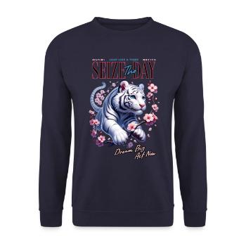 Seize the Day Tiger - Unisex Sweatshirt - navy - Front - Alina (178cm) & Michal (187cm)