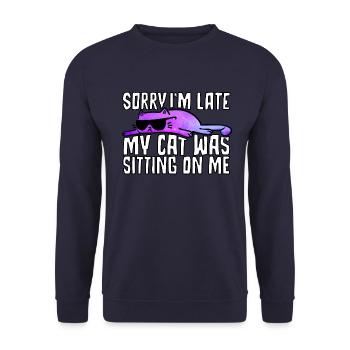 Désolé d’être en retard. Mon chat était assis sur moi. - Sweat-shirt Unisexe - marine - Devant - Alina (178cm) & Michal (187cm)