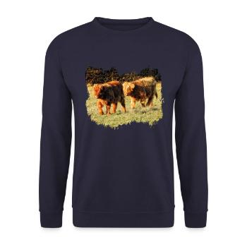 Two shaggy highland calves in the pasture - Unisex Sweatshirt - navy - Front - Alina (178cm) & Michal (187cm)