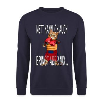 Nett kann ich auch, bringt aber nix, Boxende Katze - Unisex Pullover - Navy - Vorne - Alina (178cm) & Michal (187cm)