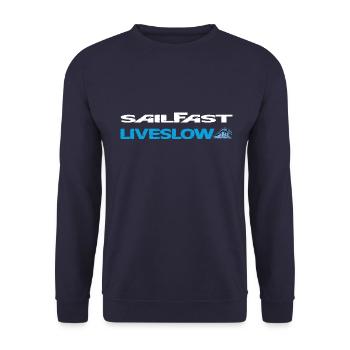 Sail Fast Liveslow mit Welle weiss - Unisex Pullover - Navy - Vorne - Alina (178cm) & Michal (187cm)
