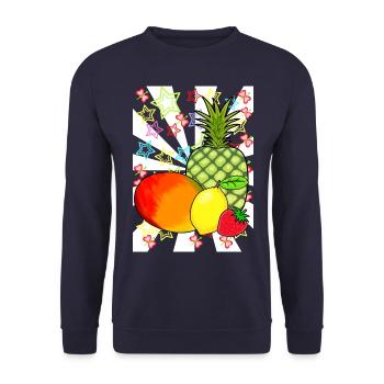 80er Obst Früchte Frucht Retro Teenie - Unisex Pullover - Navy - Vorne - Alina (178cm) & Michal (187cm)