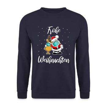 Santa mit Maske Frohe Weihnachten - Unisex Pullover - Navy - Vorne - Alina (178cm) & Michal (187cm)