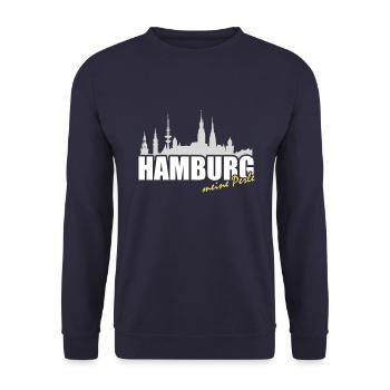 Hamburg Perle Skyline - Unisex Pullover - Navy - Vorne - Alina (178cm) & Michal (187cm)