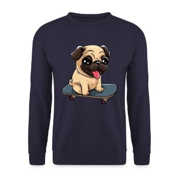 Skateboardender Mops: Niedlicher Rollspaß - Unisex Pullover - Navy - Vorne - Alina (178cm) & Michal (187cm)