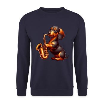 Dackel Saxofonist Jazz Hund Musik - Unisex Pullover - Navy - Vorne - Alina (178cm) & Michal (187cm)