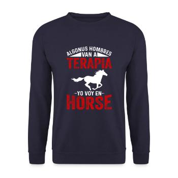 Algonus Men’s Therapy Je fais de l’équitation - Sweat-shirt Unisexe - marine - Devant - Alina (178cm) & Michal (187cm)