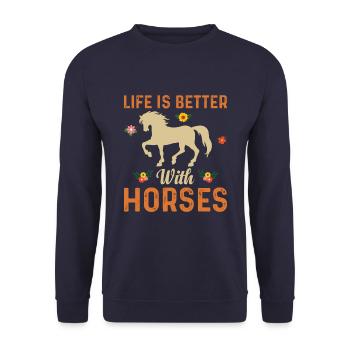 Life is better with horses Flower Power - Unisex Sweatshirt - navy - Front - Alina (178cm) & Michal (187cm)