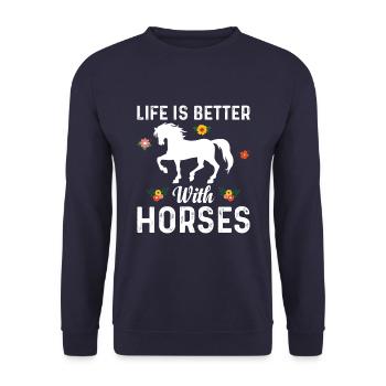 Das Leben Ist Besser Mit Pferden Blume - Unisex Pullover - Navy - Vorne - Alina (178cm) & Michal (187cm)