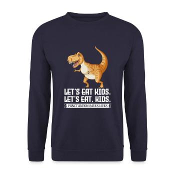 Let's Eat Kids Puntuation Saves Lives Dino Saurus - Unisex Sweatshirt - navy - Front - Alina (178cm) & Michal (187cm)