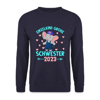 Einzelkind Große Schwester 2023 Elfanten Liebe - Unisex Pullover - Navy - Vorne - Alina (178cm) & Michal (187cm)