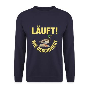 Läuft Wie Geschmiert Entenlauf Quack Spruch Ente - Unisex Pullover - Navy - Vorne - Alina (178cm) & Michal (187cm)