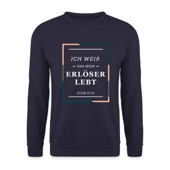 Ich weiß das mein Erlöser lebt. Christlich, Bibel - Unisex Pullover - Navy - Vorne - Alina (178cm) & Michal (187cm)