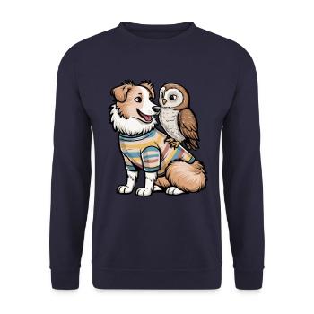 Niedlicher Australischer Schäferhund mit Eule - Unisex Pullover - Navy - Vorne - Alina (178cm) & Michal (187cm)
