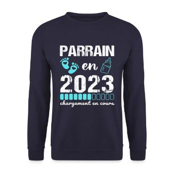 Parrain en 2023 annonce naissance bébé cadeau - Sweat-shirt Unisexe - marine - Devant - Alina (178cm) & Michal (187cm)