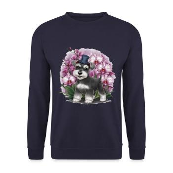 Cartoon Zwergschnauzer mit wundervollen Orchideen - Unisex Pullover - Navy - Vorne - Alina (178cm) & Michal (187cm)