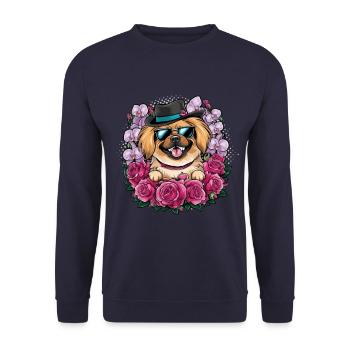 Cartoon Pekinese mit Orchideen und Rosen - Unisex Pullover - Navy - Vorne - Alina (178cm) & Michal (187cm)