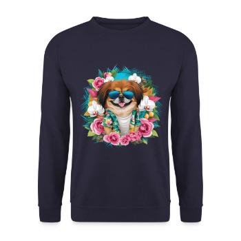 Cartoon Pekinese mit Orchideen und Rosen - Unisex Pullover - Navy - Vorne - Alina (178cm) & Michal (187cm)