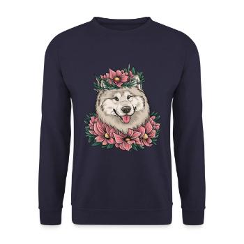 Samojede Spitz im Cartoonstil mit schönen Blumen - Unisex Pullover - Navy - Vorne - Alina (178cm) & Michal (187cm)