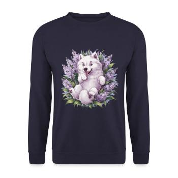 Spitz Samoyède doux avec un beau lilas - Sweat-shirt Unisexe - marine - Devant - Alina (178cm) & Michal (187cm)