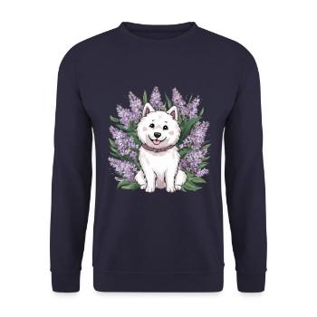 Spitz Samoyède doux avec un beau lilas - Sweat-shirt Unisexe - marine - Devant - Alina (178cm) & Michal (187cm)