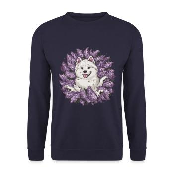 Spitz Samoyède doux avec un beau lilas - Sweat-shirt Unisexe - marine - Devant - Alina (178cm) & Michal (187cm)
