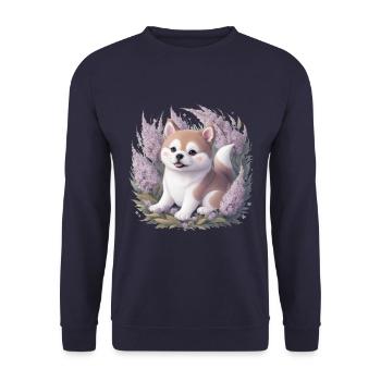 Akita Inu with lilac in cartoon style - Unisex Sweatshirt - navy - Front - Alina (178cm) & Michal (187cm)
