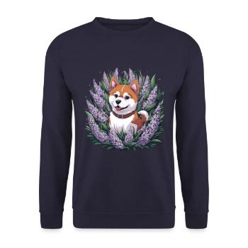 Akita Inu mit Flieder im Cartoonstil - Unisex Pullover - Navy - Vorne - Alina (178cm) & Michal (187cm)
