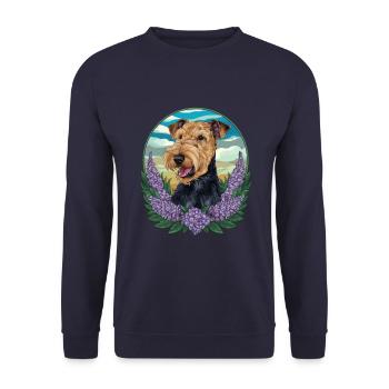 Cute Airedale Terrier with lilac - Unisex Sweatshirt - navy - Front - Alina (178cm) & Michal (187cm)