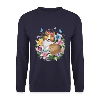 Sheltie mit Orchideen, Lillien und Schmetterlingen - Unisex Pullover - Navy - Vorne - Alina (178cm) & Michal (187cm)