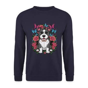 Dessin animé mignon Staffordshire bull terrier avec des roses - Sweat-shirt Unisexe - marine - Devant - Alina (178cm) & Michal (187cm)