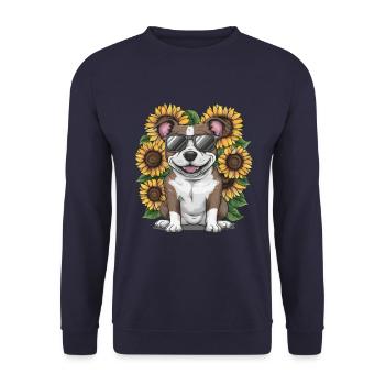 Staffordshire Bull Terrier mit Sonnenblumen - Unisex Pullover - Navy - Vorne - Alina (178cm) & Michal (187cm)