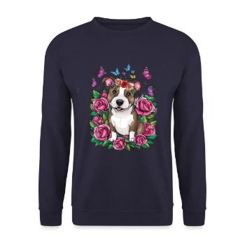 Dessin animé mignon Staffordshire bull terrier avec des roses - Sweat-shirt Unisexe - marine - Devant - Alina (178cm) & Michal (187cm)