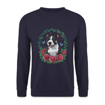 Dessin animé mignon Staffordshire bull terrier avec des roses - Sweat-shirt Unisexe - marine - Devant - Alina (178cm) & Michal (187cm)