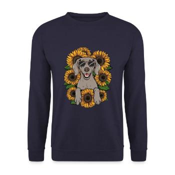 Weimaraner Hund mit Sonnenblumen - Unisex Pullover - Navy - Vorne - Alina (178cm) & Michal (187cm)